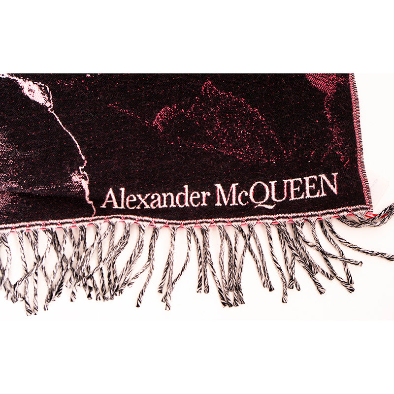 NEW $470 ALEXANDER MCQUEEN Pink & Black TORN ROSES SKULL 100% WOOL 80" SCARF