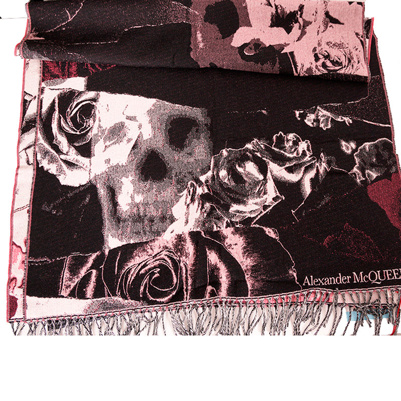 NEW $470 ALEXANDER MCQUEEN Pink & Black TORN ROSES SKULL 100% WOOL 80" SCARF