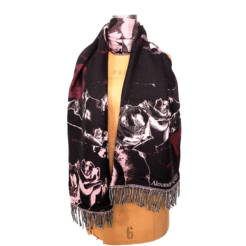 NEW $470 ALEXANDER MCQUEEN Pink & Black TORN ROSES SKULL 100% WOOL 80" SCARF