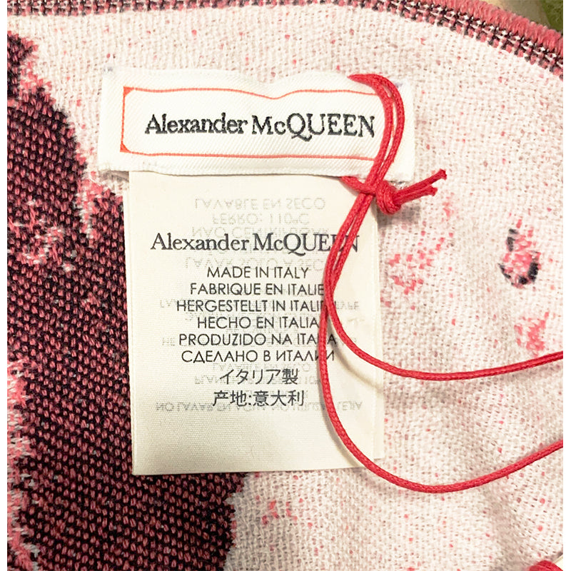 NEW $470 ALEXANDER MCQUEEN Pink & Black TORN ROSES SKULL 100% WOOL 80" SCARF