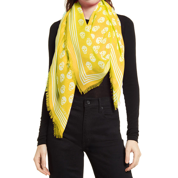 NEW $395 ALEXANDER MCQUEEN Yellow BIKER SKULL PRINT Modal 47" x 55" Shawl SCARF