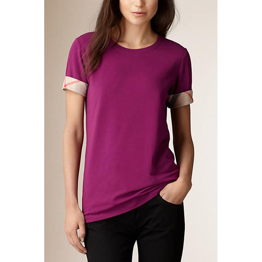 S NEW $390 BURBERRY Magenta Pink LOGO NOVA CHECK CUFF Ancholme TEE TOP T-SHIRT