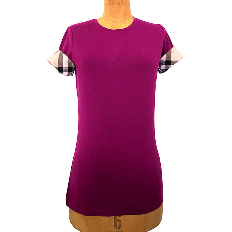 S NEW $390 BURBERRY Magenta Pink LOGO NOVA CHECK CUFF Ancholme TEE TOP T-SHIRT