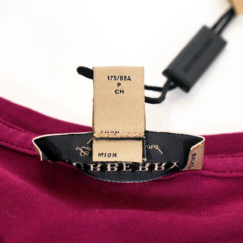 S NEW $390 BURBERRY Magenta Pink LOGO NOVA CHECK CUFF Ancholme TEE TOP T-SHIRT