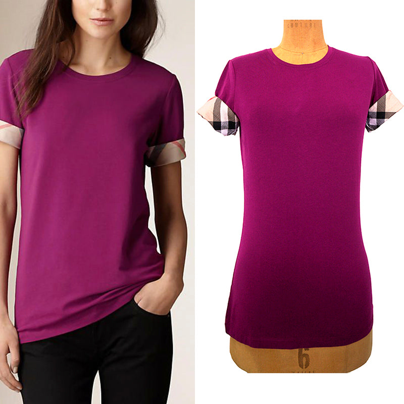S NEW $390 BURBERRY Magenta Pink LOGO NOVA CHECK CUFF Ancholme TEE TOP T-SHIRT