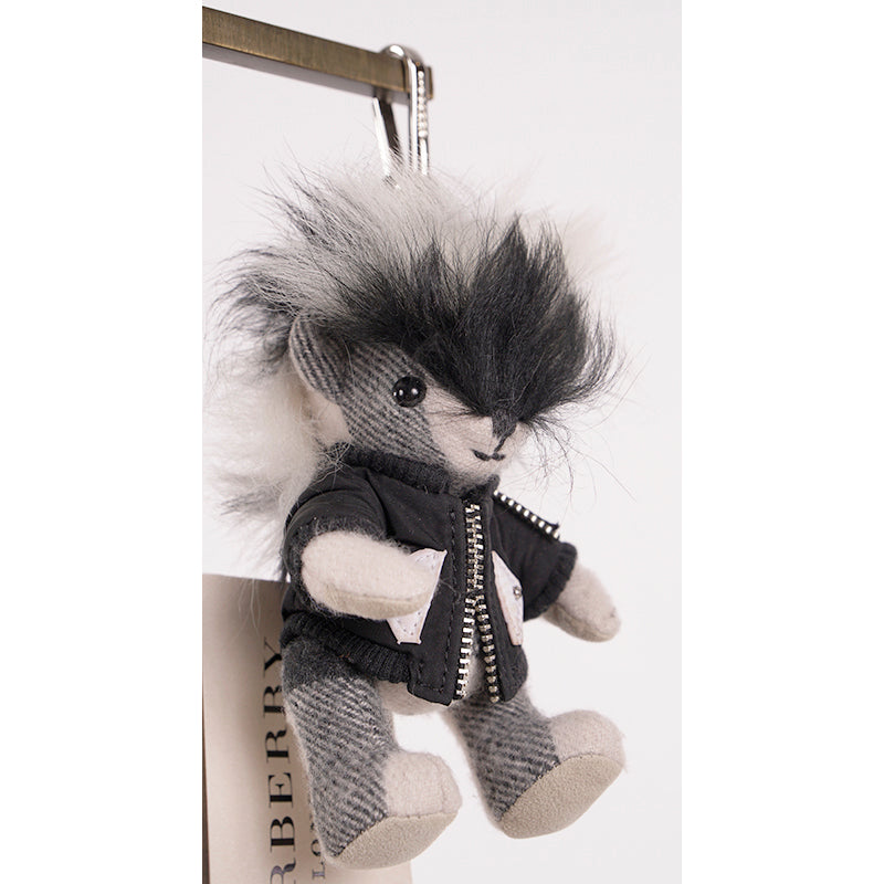 NEW $450 BURBERRY Gray Cashmere Shearling MOHAWK LOGO ROCK THOMAS BEAR KEYCHAIN