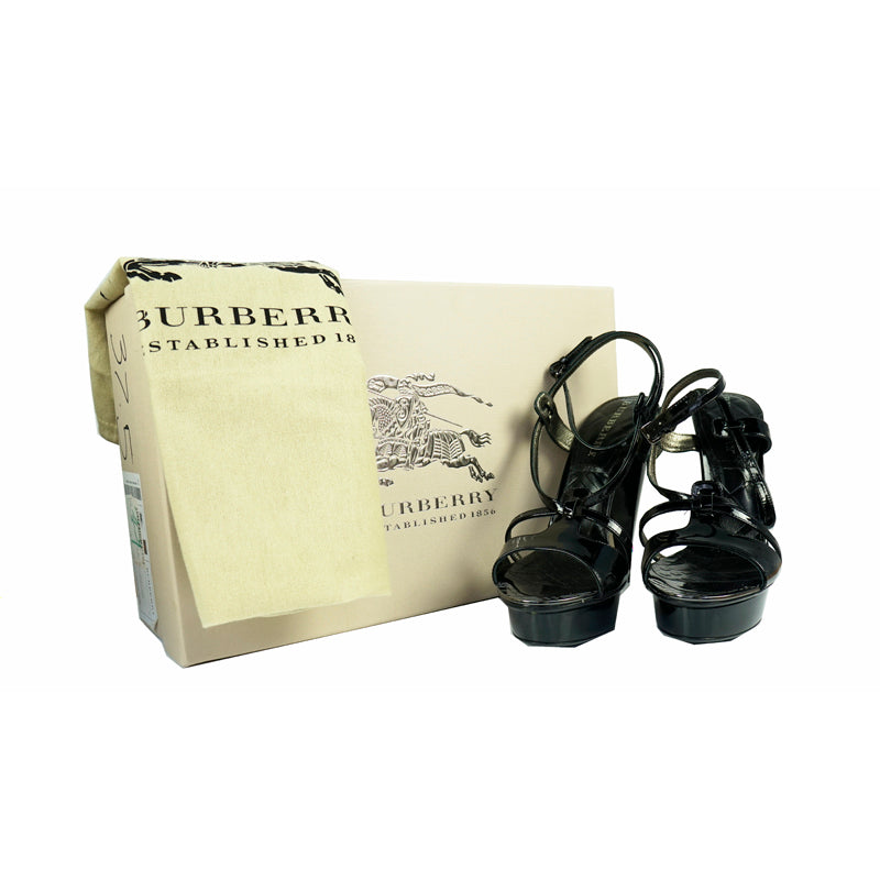 39 NEW $950 BURBERRY PRORSUM Black Patent Strappy High Heels PLATFORM SANDALS