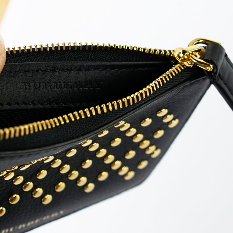 NEW $345 BURBERRY Black Leather GOLD STUDDED Zip Pouch WALLET CARD CASE NWOT