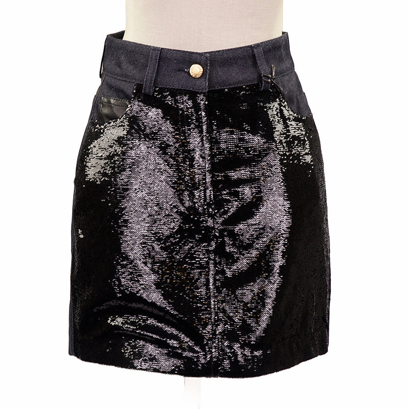 sz 40 NEW $1,970 ROBERTO CAVALLI Black SEQUIN Leather Trim DENIM MINI SKIRT XS