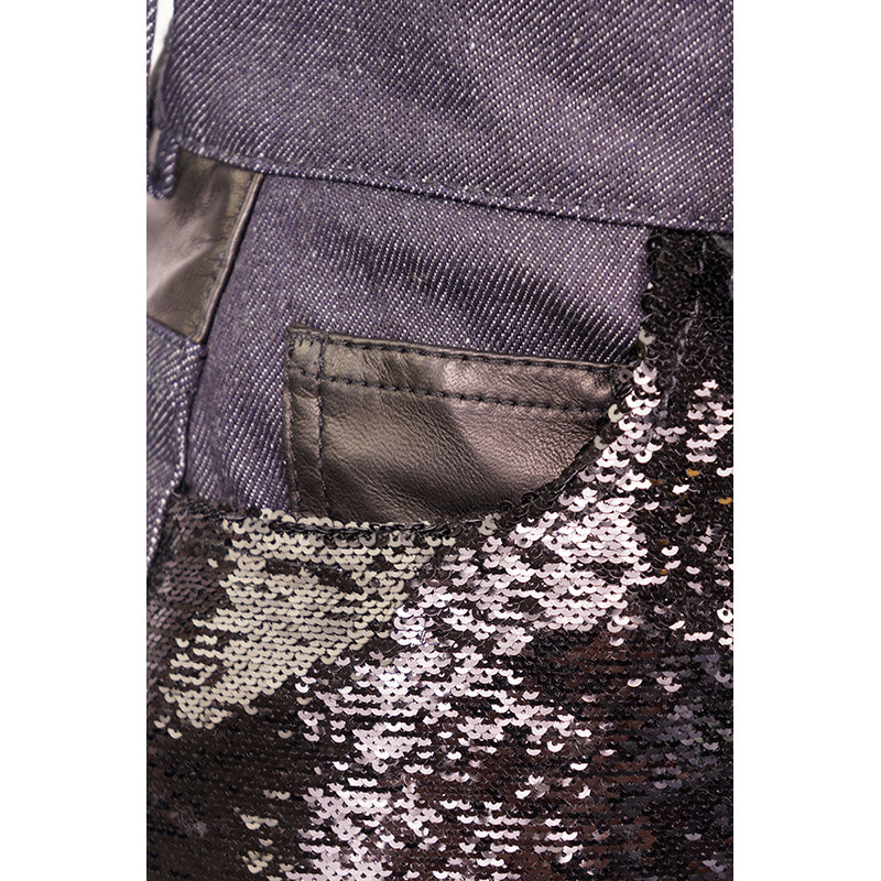 sz 40 NEW $1,970 ROBERTO CAVALLI Black SEQUIN Leather Trim DENIM MINI SKIRT XS