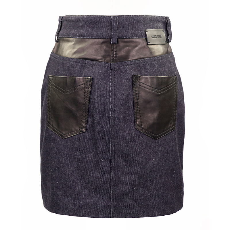 sz 40 NEW $1,970 ROBERTO CAVALLI Black SEQUIN Leather Trim DENIM MINI SKIRT XS
