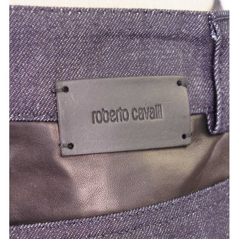 sz 40 NEW $1,970 ROBERTO CAVALLI Black SEQUIN Leather Trim DENIM MINI SKIRT XS