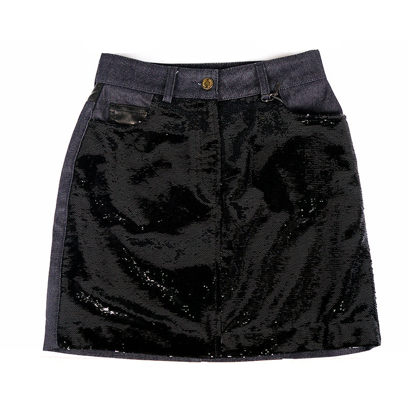 sz 40 NEW $1,970 ROBERTO CAVALLI Black SEQUIN Leather Trim DENIM MINI SKIRT XS