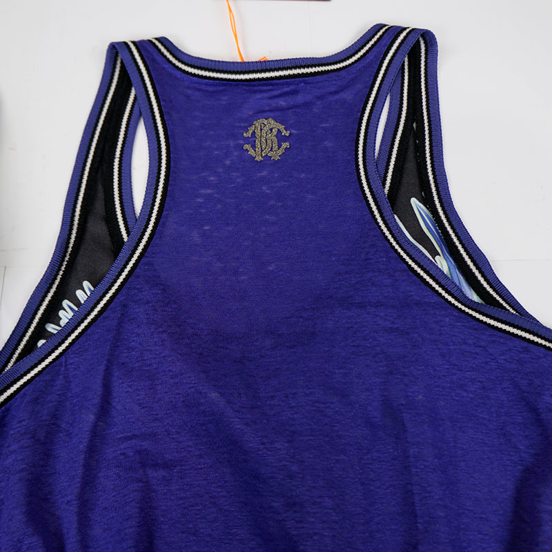 sz L NEW $523 ROBERTO CAVALLI Blue Jersey TROPICAL PALM PRINT Oversize TANK TOP