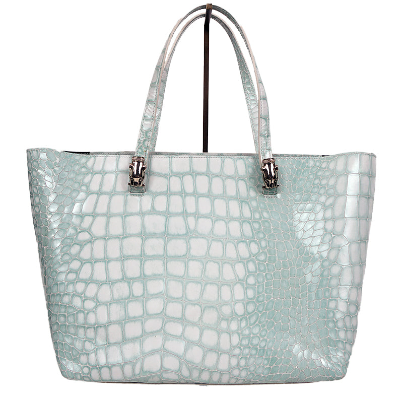 NEW $520 ROBERTO CAVALLI CLASS Sea Green Leather EMBOSSED CROC Panthera TOTE BAG