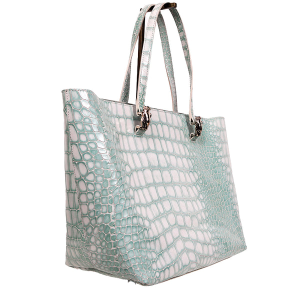 NEW $520 ROBERTO CAVALLI CLASS Sea Green Leather EMBOSSED CROC Panthera TOTE BAG