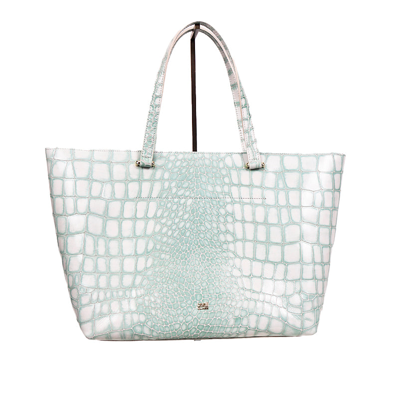 NEW $520 ROBERTO CAVALLI CLASS Sea Green Leather EMBOSSED CROC Panthera TOTE BAG