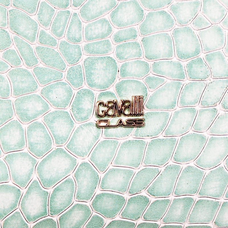 NEW $520 ROBERTO CAVALLI CLASS Sea Green Leather EMBOSSED CROC Panthera TOTE BAG