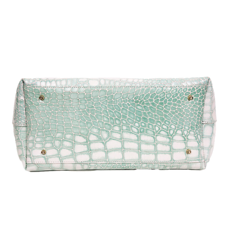NEW $520 ROBERTO CAVALLI CLASS Sea Green Leather EMBOSSED CROC Panthera TOTE BAG
