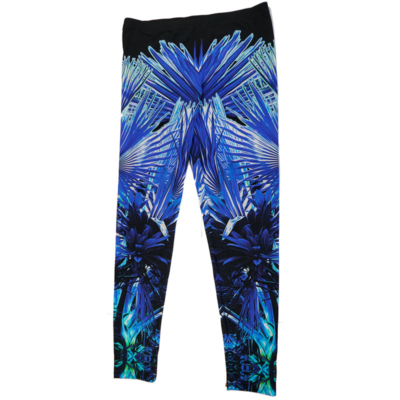 XL/L NEW $630 ROBERTO CAVALLI Blue Jersey TROPICAL PALM PRINT Skinny LEGGINGS