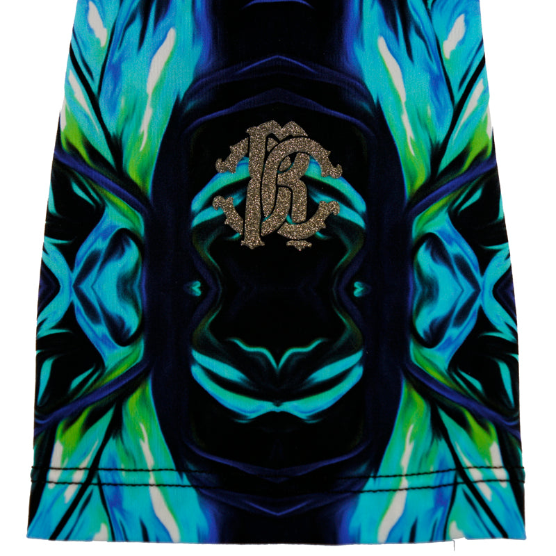 XL/L NEW $630 ROBERTO CAVALLI Blue Jersey TROPICAL PALM PRINT Skinny LEGGINGS