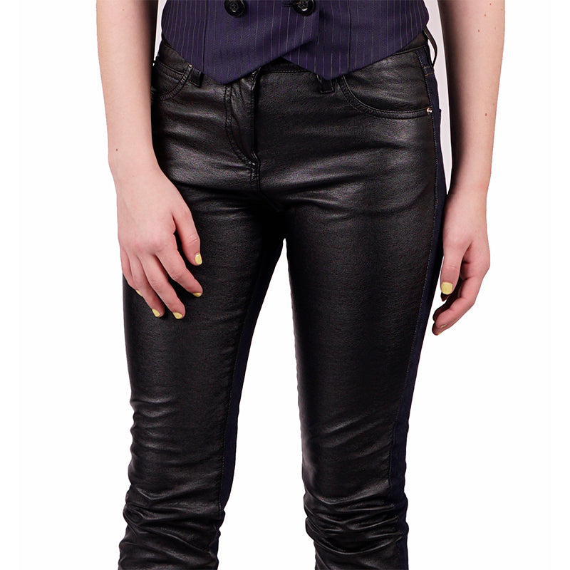 38 XS NEW $740 ROBERTO CAVALLI Black VEGAN LEATHER PANEL Dark Rinse SKINNY JEANS
