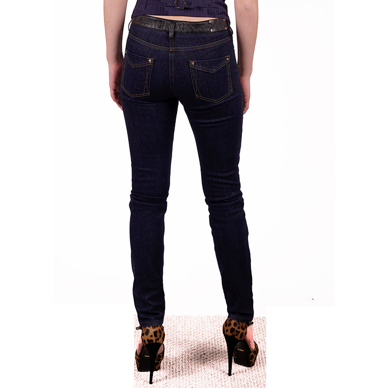 38 XS NEW $740 ROBERTO CAVALLI Black VEGAN LEATHER PANEL Dark Rinse SKINNY JEANS