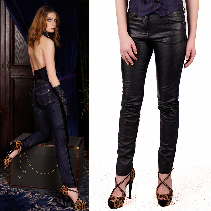 38 XS NEW $740 ROBERTO CAVALLI Black VEGAN LEATHER PANEL Dark Rinse SKINNY JEANS