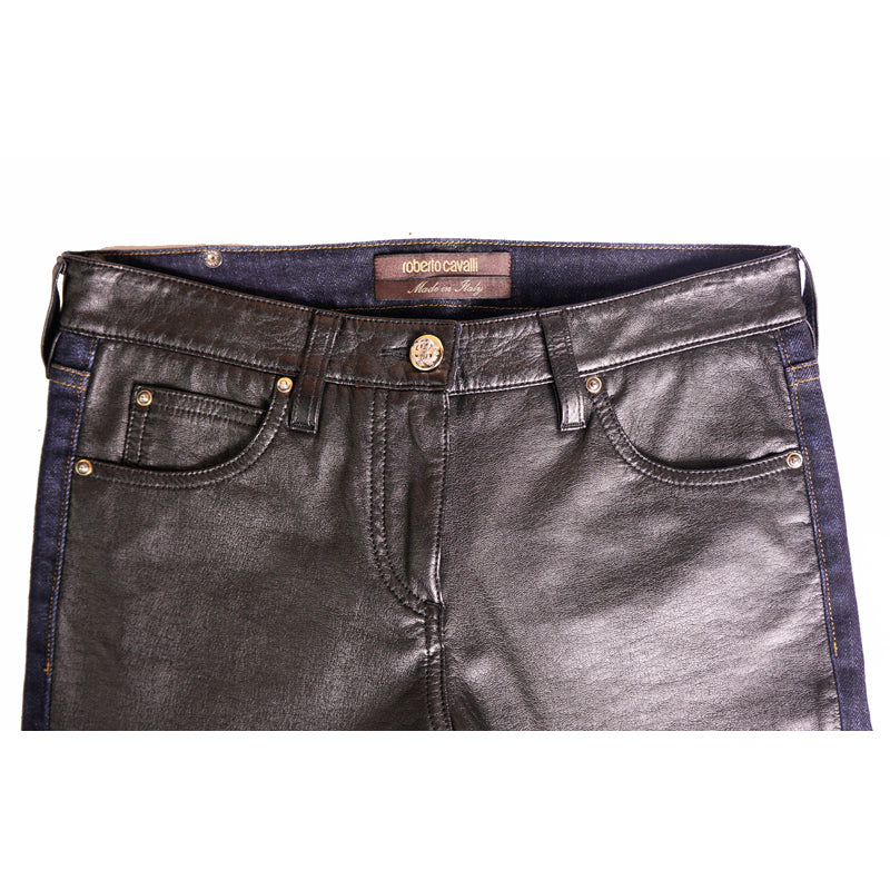 38 XS NEW $740 ROBERTO CAVALLI Black VEGAN LEATHER PANEL Dark Rinse SKINNY JEANS