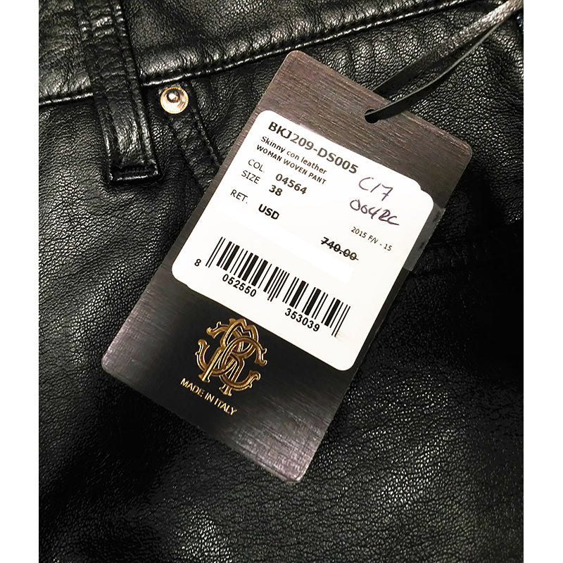 38 XS NEW $740 ROBERTO CAVALLI Black VEGAN LEATHER PANEL Dark Rinse SKINNY JEANS