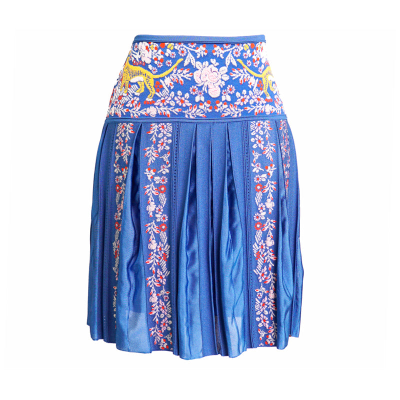sz 40 NEW $950 ROBERTO CAVALLI Blue TIGER FLORAL JACQUARD Pleated Summer SKIRT