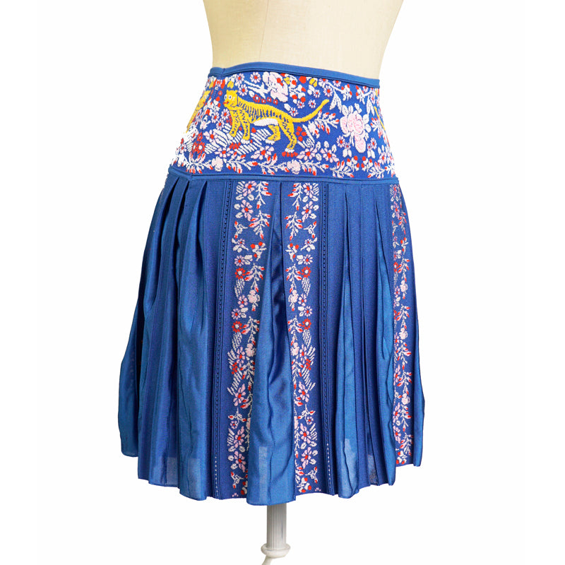 sz 40 NEW $950 ROBERTO CAVALLI Blue TIGER FLORAL JACQUARD Pleated Summer SKIRT