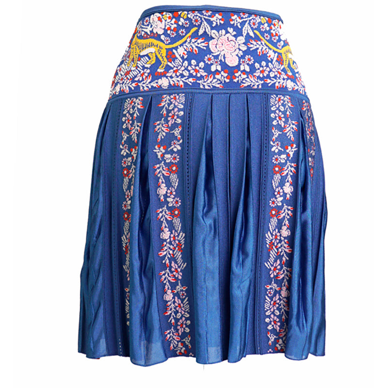 sz 40 NEW $950 ROBERTO CAVALLI Blue TIGER FLORAL JACQUARD Pleated Summer SKIRT