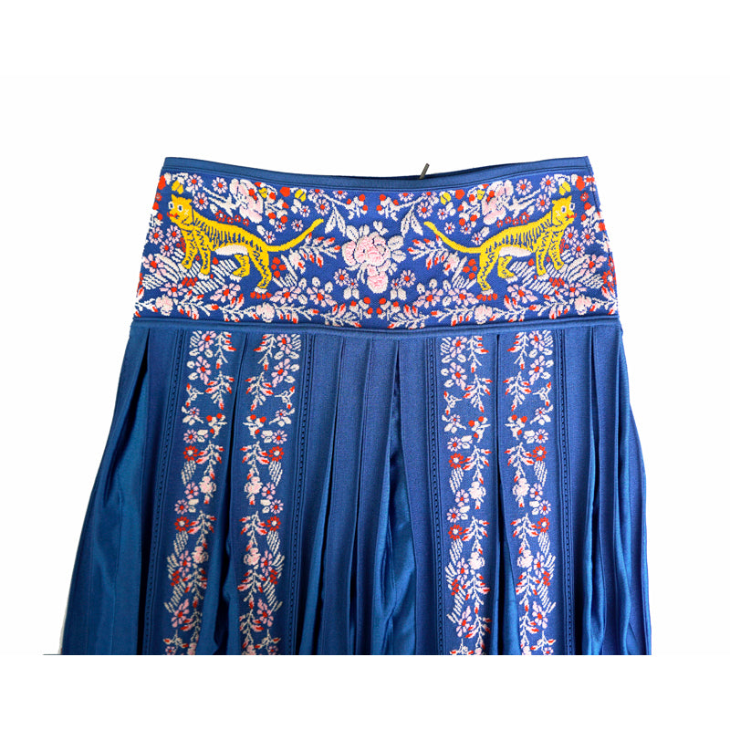 sz 40 NEW $950 ROBERTO CAVALLI Blue TIGER FLORAL JACQUARD Pleated Summer SKIRT