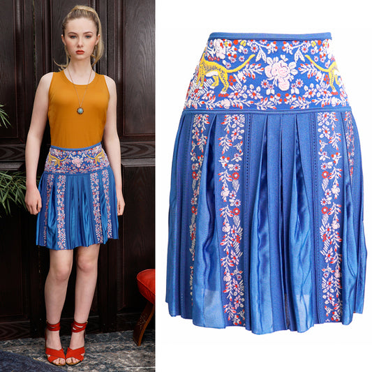 sz 40 NEW $950 ROBERTO CAVALLI Blue TIGER FLORAL JACQUARD Pleated Summer SKIRT
