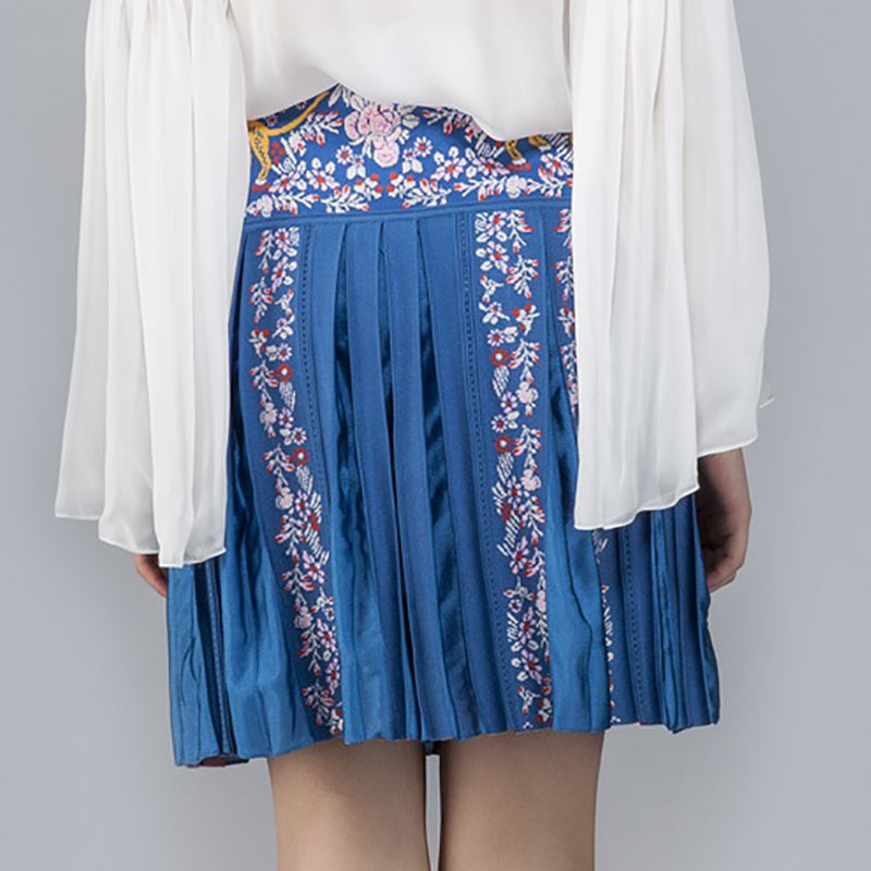 sz 40 NEW $950 ROBERTO CAVALLI Blue TIGER FLORAL JACQUARD Pleated Summer SKIRT