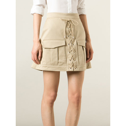 38 NEW $1,335 ROBERTO CAVALLI Runway Khaki Tan Cotton CORSET LACE UP MINI SKIRT