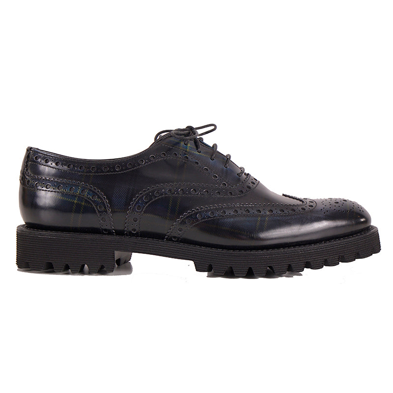 37.5 NEW $925 CHURCH'S Woman's Black Blue POLISHED TARTAN PLAID Leather OXFORDS