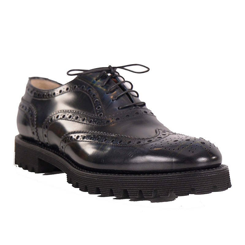 37.5 NEW $925 CHURCH'S Woman's Black Blue POLISHED TARTAN PLAID Leather OXFORDS