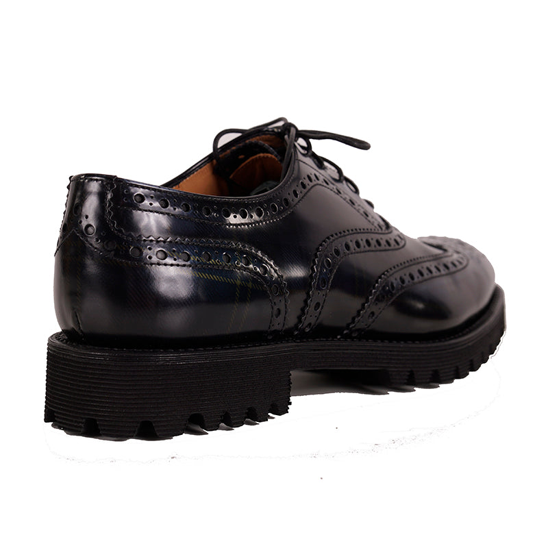 37.5 NEW $925 CHURCH'S Woman's Black Blue POLISHED TARTAN PLAID Leather OXFORDS