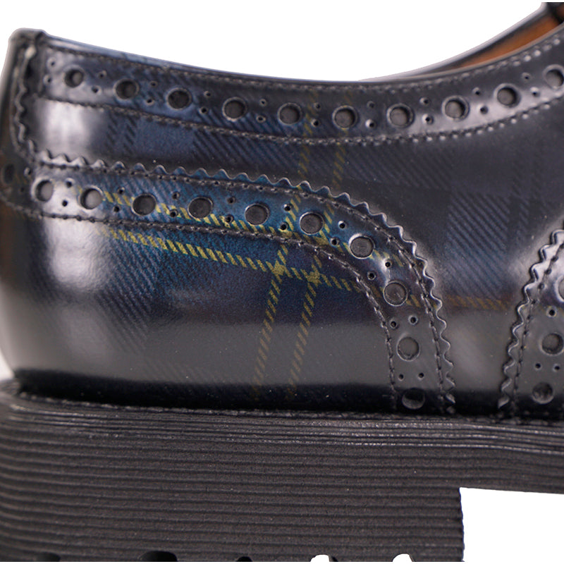 37.5 NEW $925 CHURCH'S Woman's Black Blue POLISHED TARTAN PLAID Leather OXFORDS