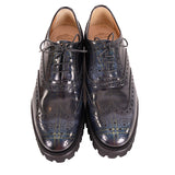 37.5 NEW $925 CHURCH'S Woman's Black Blue POLISHED TARTAN PLAID Leather OXFORDS