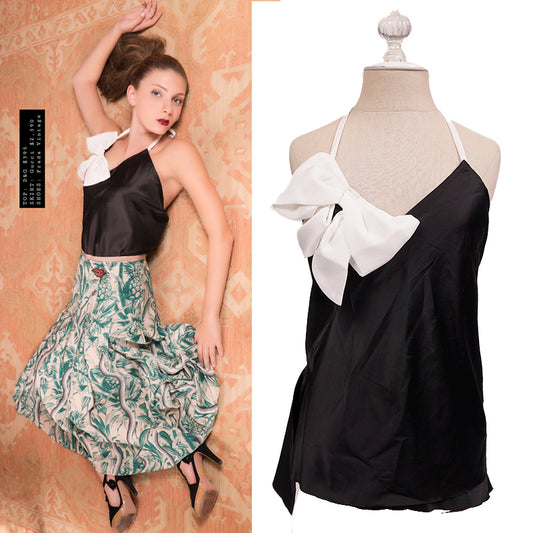 4/6 NEW VINTAGE 1990's DOLCE & GABBANA D&G Black Satin OVERSIZE BOW Halter TOP
