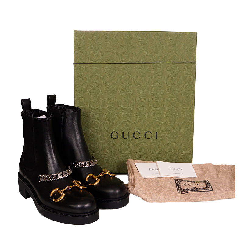 37 NEW $1490 GUCCI Black Leather CHAIN HORSEBIT Chunky Heel ANKLE Chelsea BOOTS