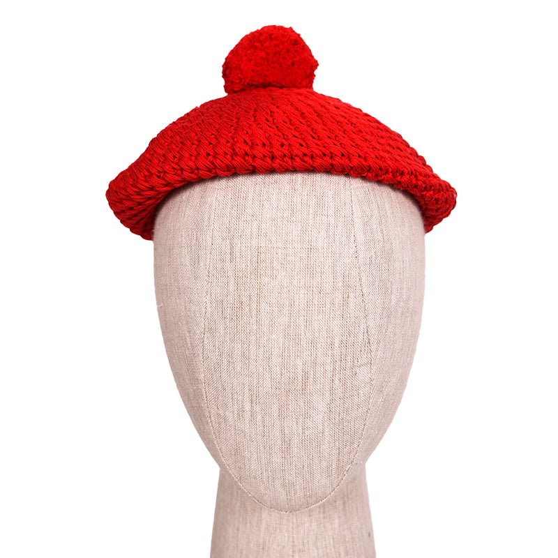 sz S NEW $495 GUCCI Runway Cherry Red Crochet Cotton Knit POM POM BERET Cute HAT