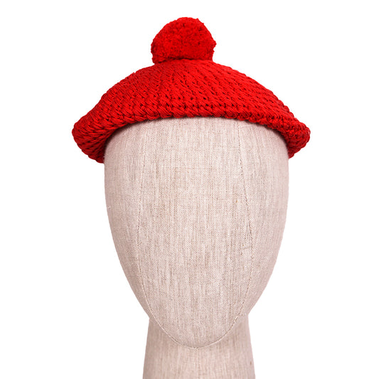 sz S NEW $495 GUCCI Runway Cherry Red Crochet Cotton Knit POM POM BERET Cute HAT
