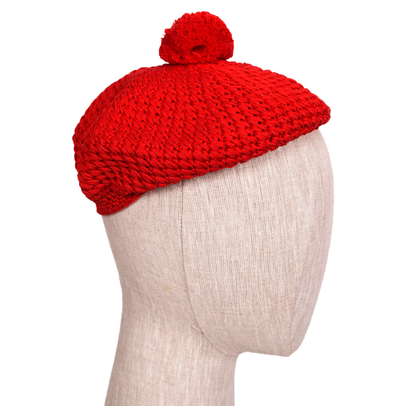 sz S NEW $495 GUCCI Runway Cherry Red Crochet Cotton Knit POM POM BERET Cute HAT