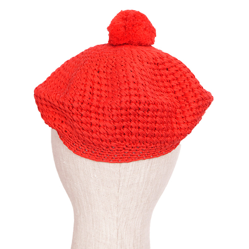 sz S NEW $495 GUCCI Runway Cherry Red Crochet Cotton Knit POM POM BERET Cute HAT