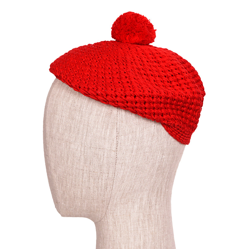 sz S NEW $495 GUCCI Runway Cherry Red Crochet Cotton Knit POM POM BERET Cute HAT