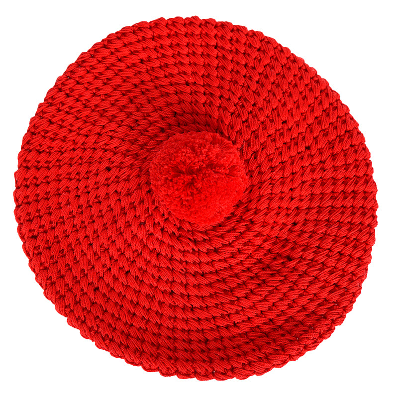 sz S NEW $495 GUCCI Runway Cherry Red Crochet Cotton Knit POM POM BERET Cute HAT